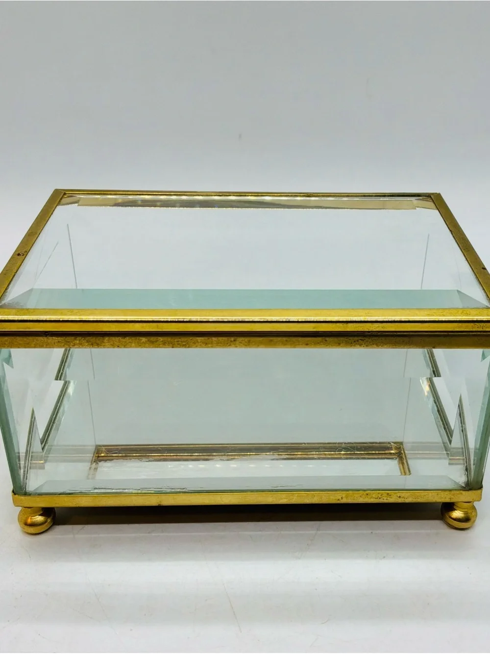 Vintage Hinged Jewelry Box Brass Beveled Glass Mirrored Trinket Jewelry Box